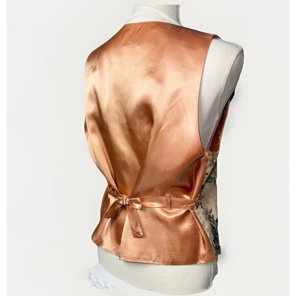 VTG 90s Floral Tapestry Medium Vest Cream Jacquard Peach Satin Button Cottage - Picture 4 of 7